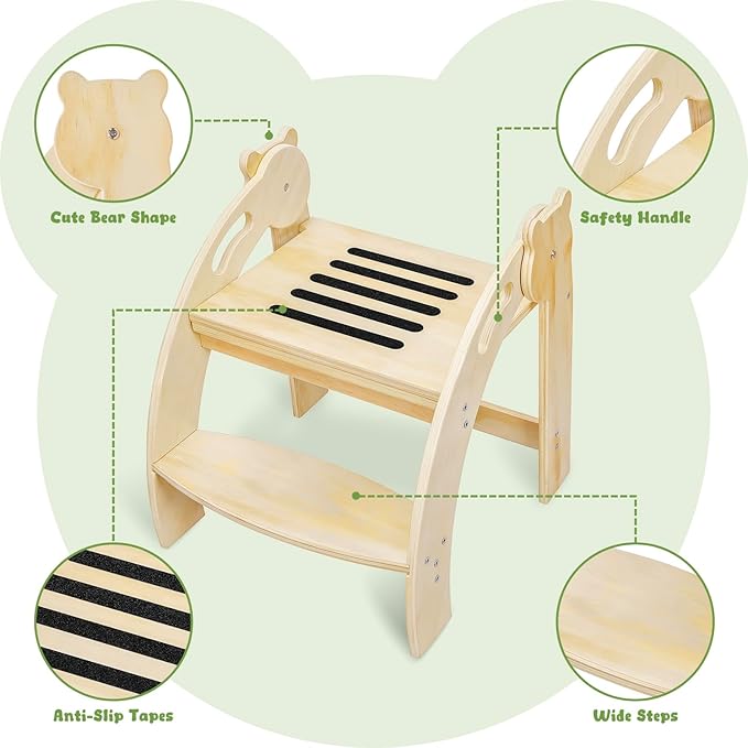 Foldable Step Stool for Toddlers, Kids Stool with 14.9-Inch Wide Step, Safety Handles, Anti-Slip Strips, Toddler Step Stool for Bathroom Sink, Toilet, Kitchen Wooden 2 Step Stool