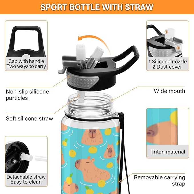 Cute Capybaras Water Bottle with Straw Lemon Sports Bottles BPA-Free Tritan Water Jug with Carrying Strap for Gym Office Outdoor Sports