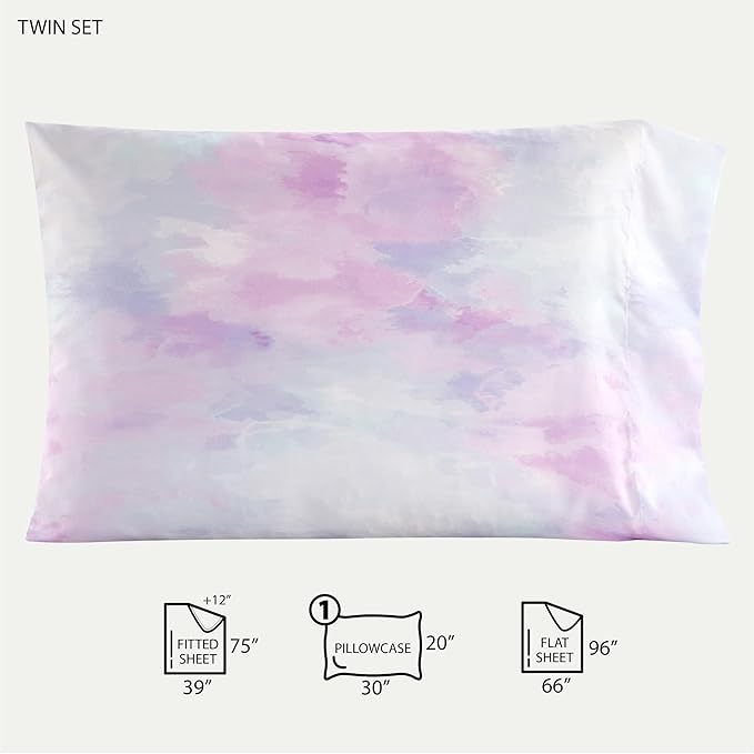 Heritage Kids 3 Piece Sheet Set, Including Top Sheet, Fitted Sheet and Pillow Case, Purple Watercolor Tie Dye, Twin