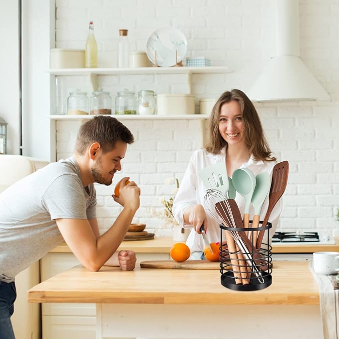 RedCall Utensil Holder for Kitchen Countertop,Metal Spatula Holder,Cooking Utensil Holder for Spoon,Wire Utensil Organizer,Stainless Steel Round Utensil Caddy Crock Flatware Storage Counter (Black)