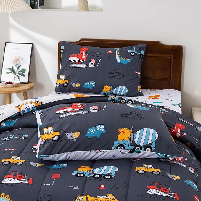 Meeting Story Construction Truck Car Full Comforter Set for Boys,5 Pieces Dinosaur Bedding Set with Sheets and Pillowcases,Excavator Lightweight Microfiber Bedding Sets(Grey,Full5pcs)