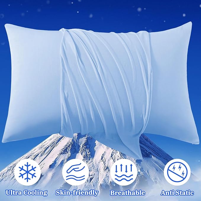 Cooling Pillow Cases for Hot Sleepers - Double Side Arc-Chill Q-Max>0.5 Cooling Fiber Cool Pillow Cases 2 Pack - Breathable Soft Cold Pillow Cases with Hidden Zipper (Blue, 20" x 36")