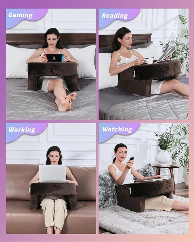 Weighted Idea Reading Pillow for Gaming, Meduim Gaming Pillow for Adult,Table Pillow with 2 Side Pockets for Gaming, Reading, Working Sitting in Bed Floor Sofa (Brown)