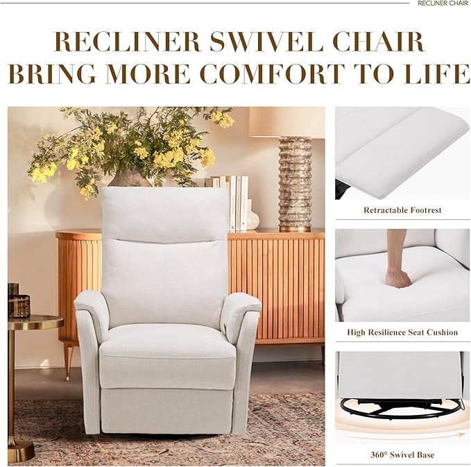 Swivel Rocking Recliner Glider Chair, Upholstered Fabric Reclining Rocker Chair with Footrest for Living Room, Nursery, Office, Bedroom, Ergonomic High Backrest, Wide Seat Cushion and Metal Base-White