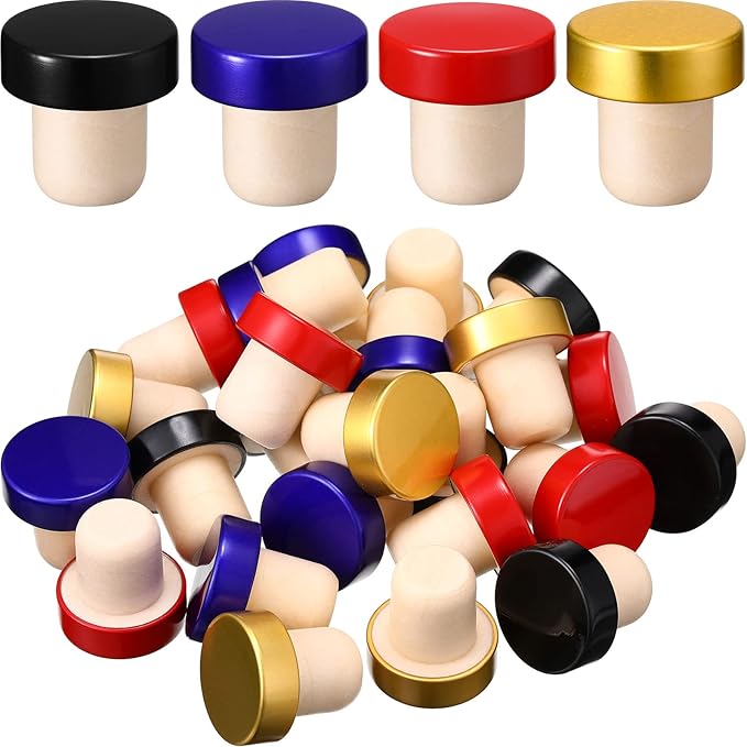 T-shaped Stopper Cork Wine Stopper Bottle Stoppers Reusable Wine Bottle Stopper Sealing Plug Bottle Cap for Wine Beer Bottles DIY Craft (Red, Blue, Black, Gold, 24)