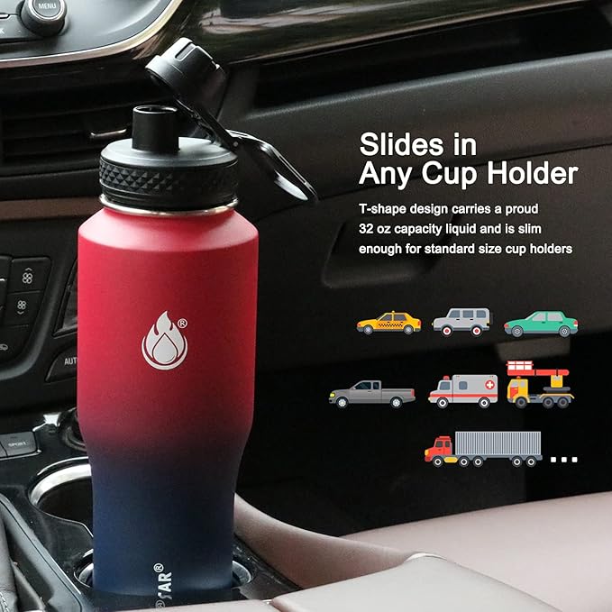 SENDESTAR Water Bottle 32oz,2 Lids(Straw lid),Wide Mouth Stainless Steel Vacuum Insulated Double Wall Keep Liquids Cold or Hot All Day,Sweat Proof Sport Design,Fit Car Cup Holder(Red&Blue)