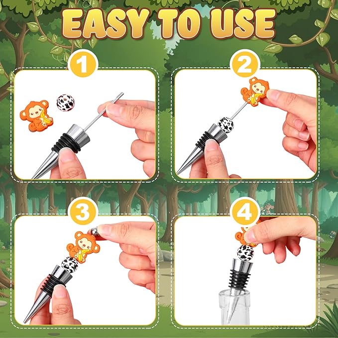 Gisafai 24 Sets Beadable Wine Stoppers for Wine Bottles Bulk Reusable Wine Saver Corks Jungle Animals Silicone Beads with Bags Labels Ropes for Baby Shower Gifts DIY Safari Wedding Party Bar Summer
