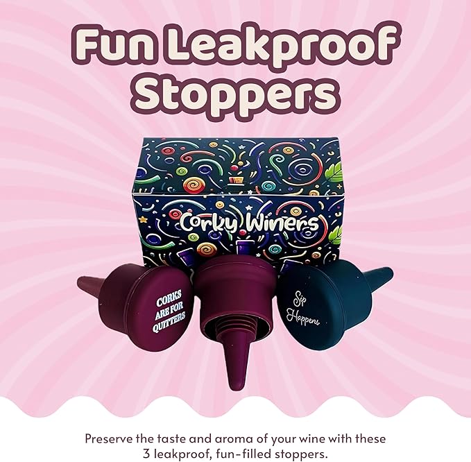 Funny Silicone Wine Stoppers - Leakproof Double Seal Design - Reusable Bottle Covers - Glass Bottle Toppers - Easy to Use Silicone Bottle Stopper for Wine, Champagne & More (Pack of 3)