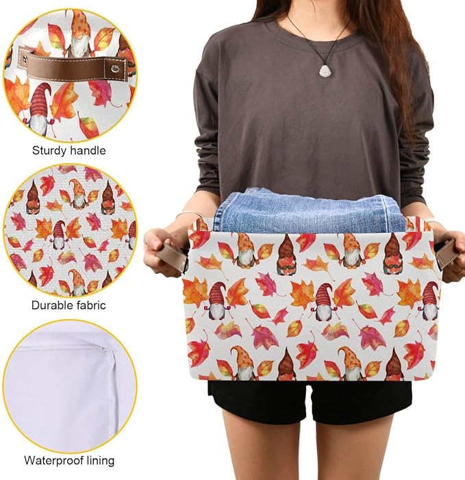 Fall Gnomes Storage Basket Fabric Kitchen Baskets Autumn Maple Leaves Open Home Storage Bins Boxes Foldable Organizer Bag for Baby Cloth Pet Toy Book Shelf Closet Baskets 16×12×8 Inches