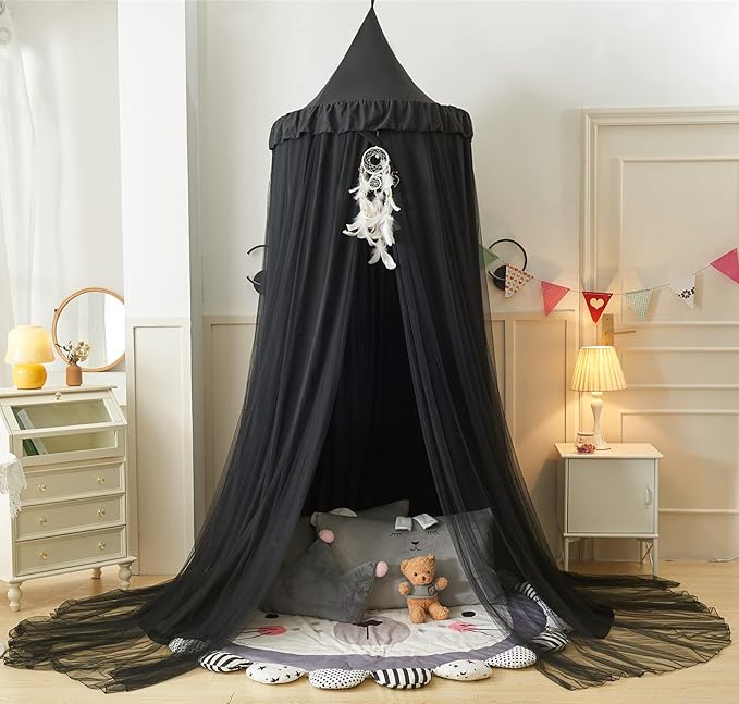 VETHIN Bed Canopy for Girls Kids,Princess Round Dome Children Dreamy Mosquito Net Bedding Girls Room Castle Play Tent Hanging House Decor Reading Nook Canopies (Black/Black)