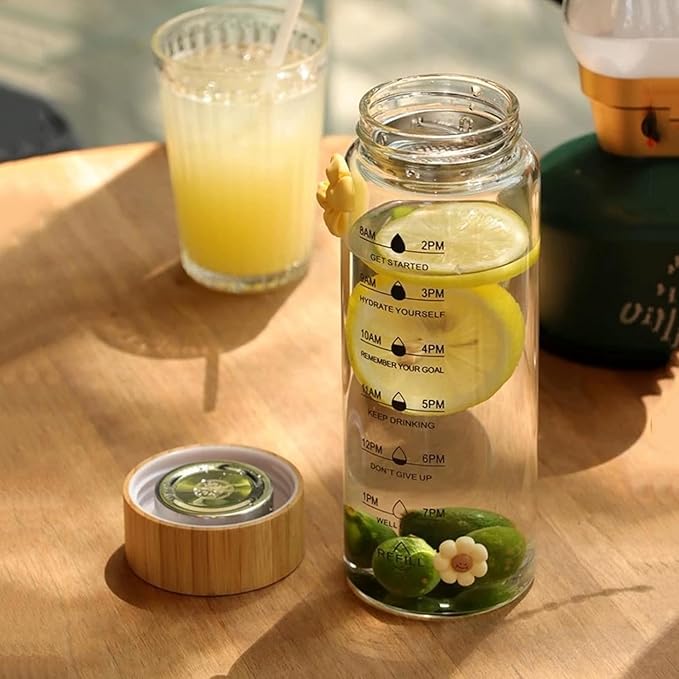 25oz Glass Water Bottle with Time Marker, Leak-Proof,With stainless steel tea strainer, BPA-Free Reusable Hot and Cold Beverages for Office, Gym, Travel(2PCS)