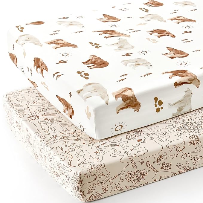 Stretchy Ultra Soft Jersey Knit Fitted Crib Sheets Set 2 Pack,Universal Fit All Standard Crib Mattress Pads Safe and Snug, Crib Fitted Sheet for Boys and Girls, Cute Animals Print