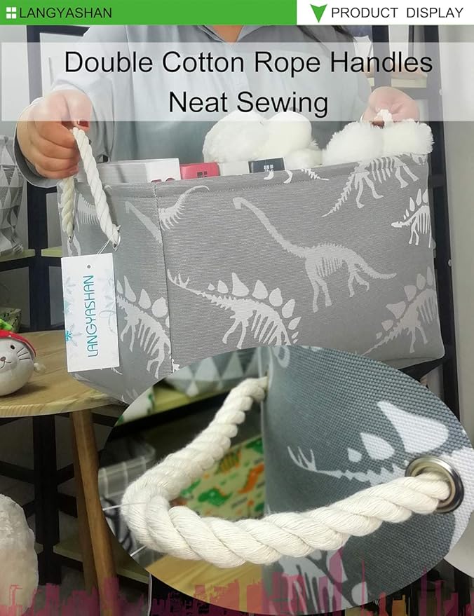 LANGYASHAN Rectangular Storage Bin Collapse Canvas Fabric Cartoon Storage Basket with Handles for Organizing Home Kitchen Boys and Girls Toys Office Closet Shelf Baskets (Rec Gray Dinosaur skeleton)