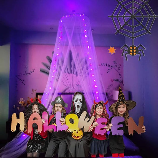 Eimilaly Spider Bed Canopy Mosquito Net with Purple Lights for Halloween Decor - Bed Canopy for Adults, Babies, White/Single Door