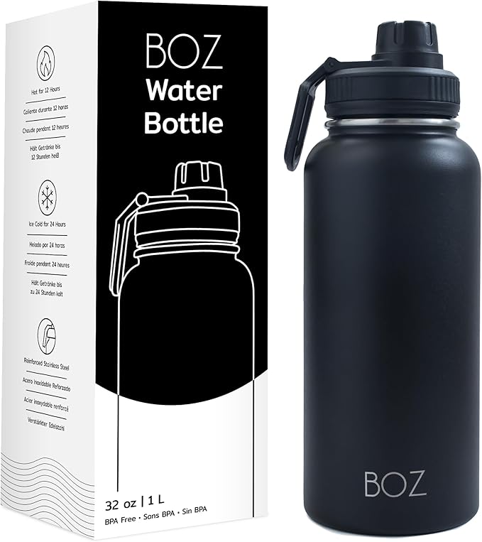 BOZ Stainless Steel Water Bottle XL (1 L / 32oz) Wide Mouth, BPA Free, Vacuum Double Wall Insulated (Matte Black)