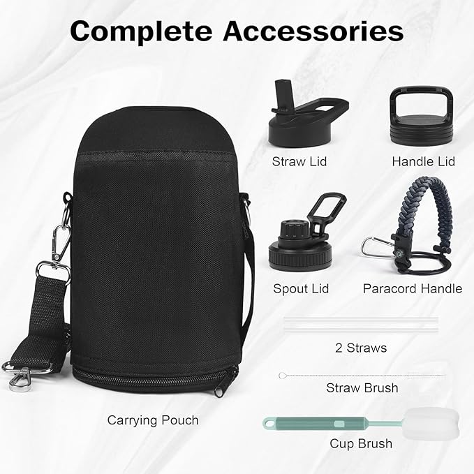 Insulated Water Bottle 64 oz with Straw Lid (3 Lids), Half Gallon Jug Flask, Large Metal Stainless Steel Bottle, 64 oz Double Wall Vacuum Sports Thermo Mug, Cold 48H Hot 24H (Black Grey)