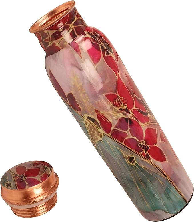 Pure Copper Water Bottle - Handcrafted - Ayurveda Health Benefits - Large 35 oz - Leak proof - Easy to carry for Sports, Fitness, Yoga, School - Textured Red Floral Patterns