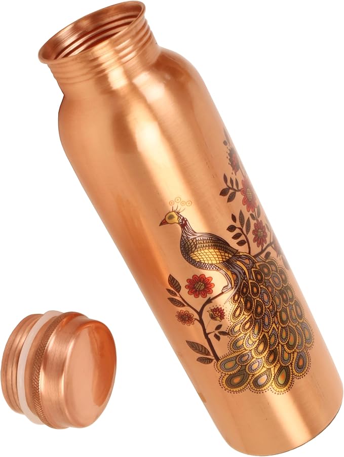 Pure Copper Water Bottle - Handcrafted - Ayurveda health benefits - Large 35 oz - Leak proof - Easy to carry for Sports, Fitness, Yoga, School - Natural Copper Finish Peacock Motif Enamel