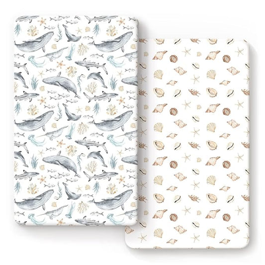 GRSSDER Stretchy Ultra Soft Jersey Knit Fitted Crib Sheets Set 2 Pack, Fit All Standard Crib Mattresses Safe and Snug, Beautiful Marine Organism for Boys and Girls