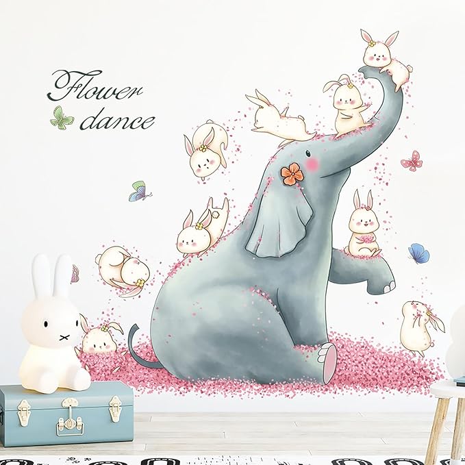 Cartoon Animals Wall Stickers Pink Elephant Rabbit Wall Decals Peel and Stick Wall Art Decals for Kids Bedroom Baby Nursery Door Decor