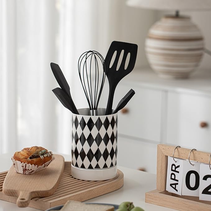 Small Utensil Holder for Kitchen Counter 4.1 x 6 Inches Ceramic Cooking Utensil Crocks Countertop Organizer Vintage Farmhouse Kitchen Decor Caddy,Diamond