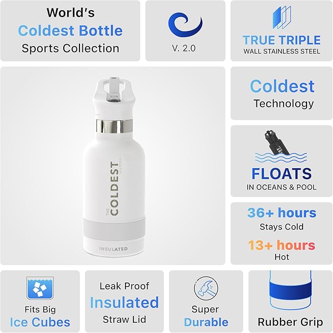 Coldest Water Bottle with Standard Mouth Straw Lid Metal Thermos Vacuum Insulated Stainless Steel l Reusable Leak Proof Cupholder Flask (12 oz, Epic White)