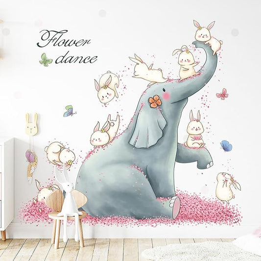 Cartoon Animals Wall Stickers Pink Elephant Rabbit Wall Decals Peel and Stick Wall Art Decals for Kids Bedroom Baby Nursery Door Decor