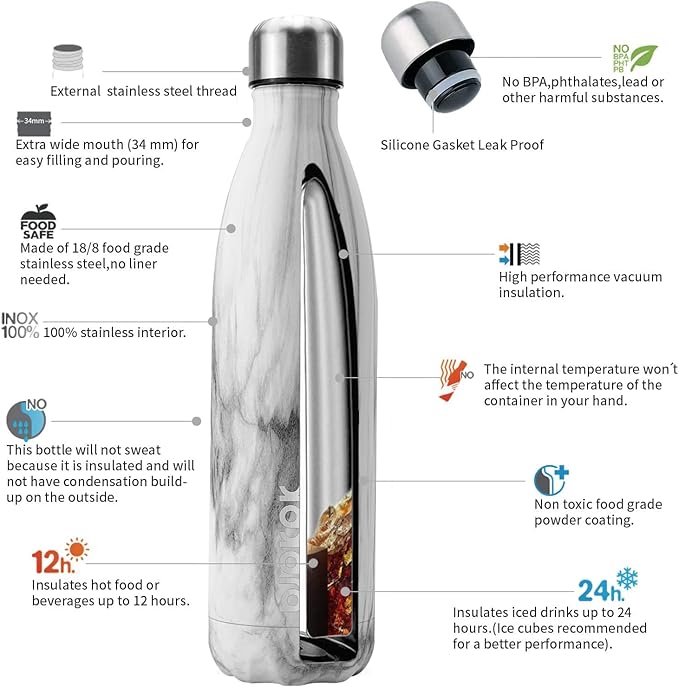 BJPKPK Stainless Steel Water Bottles -25oz/750ml -Insulated Water bottles,Sports water bottles Keep cold for 24 Hours and hot for 12 Hours,BPA Free water bottles,White Birch