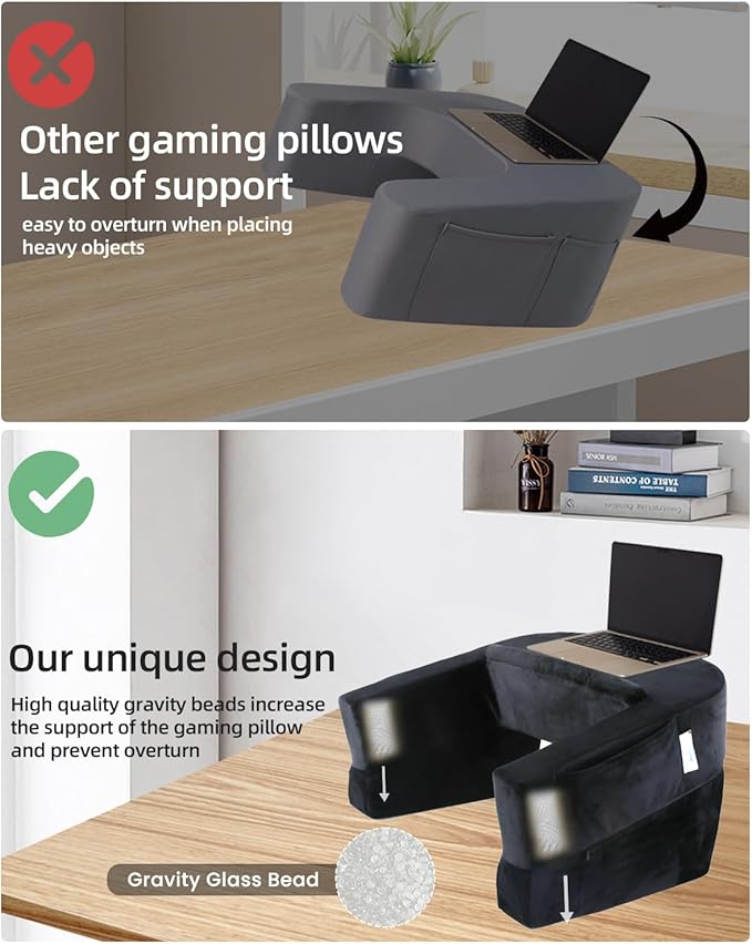 Weighted Idea Reading Pillow for Gaming, Extra Large Arm Rest Pillow for Adult,Lap Desk Pillow Gaming Pillow with 2 Side Pockets for Gaming, Reading, Working Sitting in Bed Floor Sofa (Black)