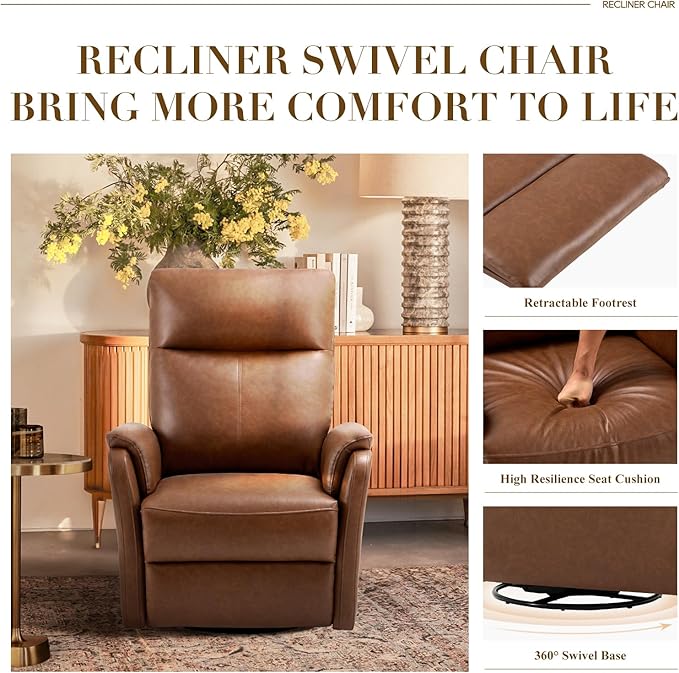 Swivel Rocking Recliner Glider Chair, Leather Reclining Rocker Chair with Footrest for Living Room, Nursery, Office, Bedroom, Ergonomic High Backrest, Wide Seat Cushion and Metal Base-Cocoa