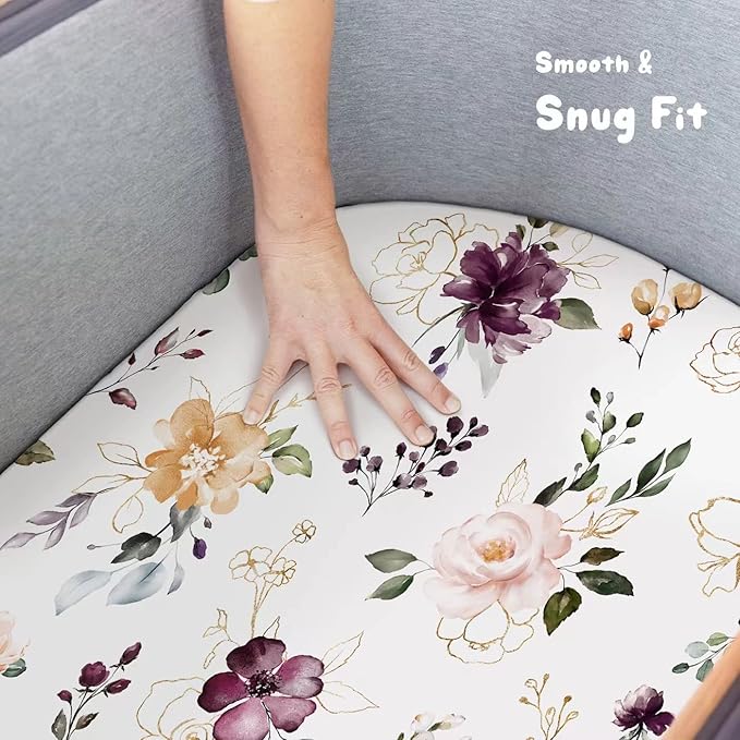 GRSSDER Stretchy Ultra Soft Fitted Bassinet Sheet Set 2 Pack, Universal Fit for Bassinets Baby Cradle Moses Basket Oval Rectangle Mattress, Watercolor Pretty Purple Flora for Girls