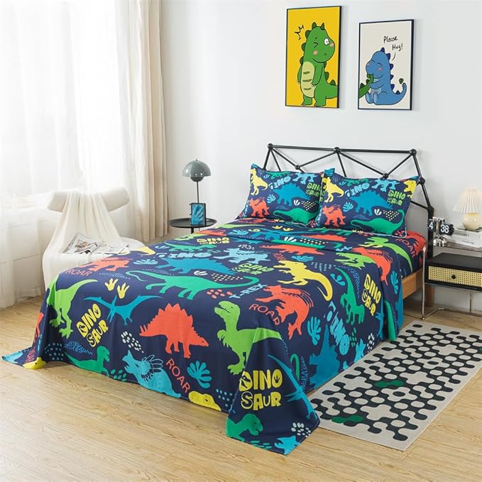 qjmiaofang Dinosaur Queen Sheets for Boys Dinosaur Bed Sheets 4Pieces Jungle Sheets with T-Rex Dinosaur Flat Sheet Set Wildlife Dinosaur Fitted Sheet 1 Fitted Sheet 1 Flat Sheet 2 Pillowcases