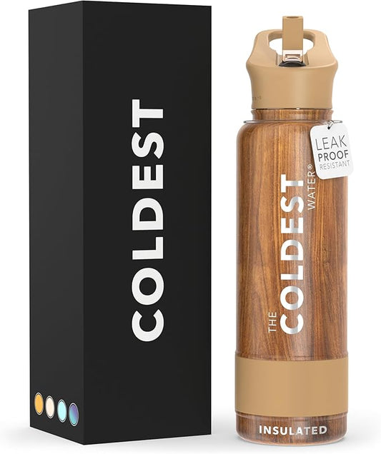 Coldest Sports Water Bottle with Straw Lid Vacuum Insulated Stainless Steel Metal Thermos Bottles Reusable Leak Proof Flask for Sports Gym (40 oz, Executive Wood)