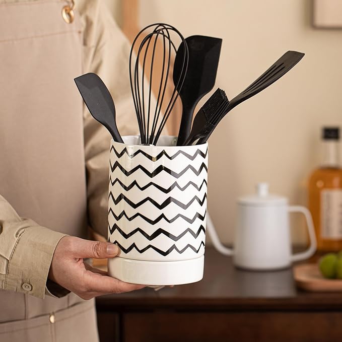 Small Utensil Holder for Kitchen Counter 4.1 x 6 Inches Ceramic Cooking Utensil Crocks Countertop Organizer Vintage Farmhouse Kitchen Decor Caddy,Ripple