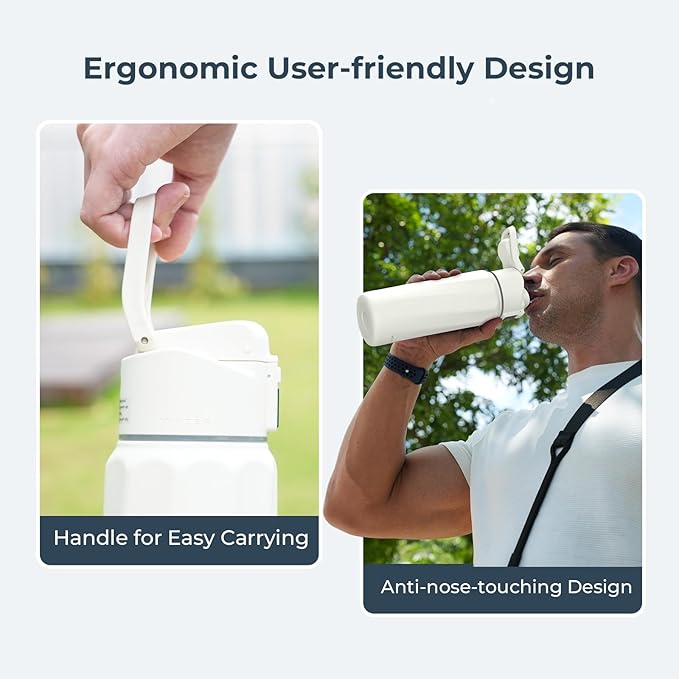 Smart Water Bottle with Reminder to Drink Water - Double Wall Vacuum Insulated Water Bottle Stainless Steel, Wide Mouth 32 oz Water Bottles with Leak-proof Lockable Lid, Water Intake Tracker - White