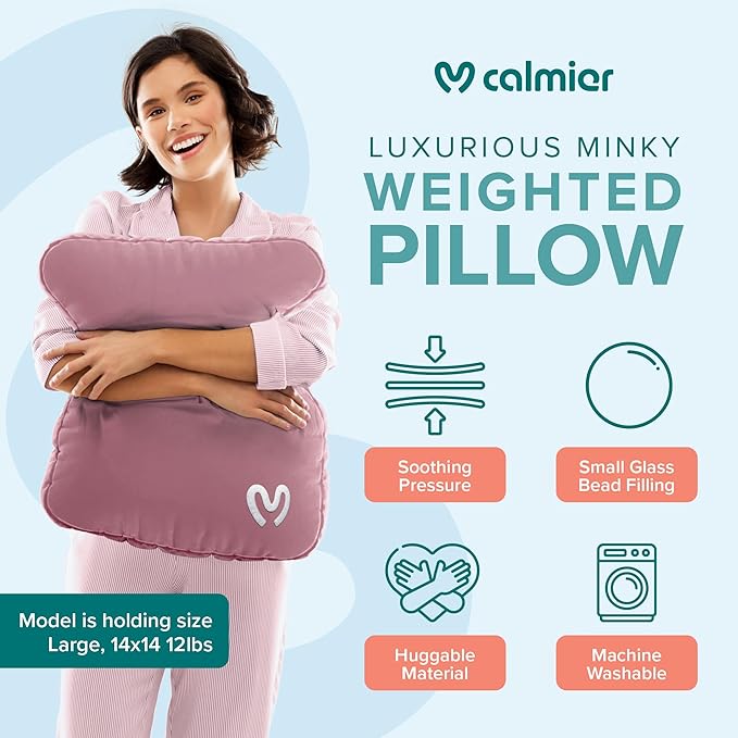 Calmier - 12 lb Sensory Weighted Pillow - Glass Bead Filled Hug Pillow - Ultra Plush Cozy Weighted Pillows for Adults and Kids - Child Sensory Pillow - Weighted Lap Pad (Pink - Minky, 12 LBS)