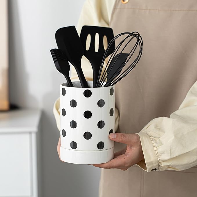 Small Utensil Holder for Kitchen Counter 4.1 x 6 Inches Ceramic Cooking Utensil Crocks Countertop Organizer Vintage Farmhouse Kitchen Decor Caddy,Dots
