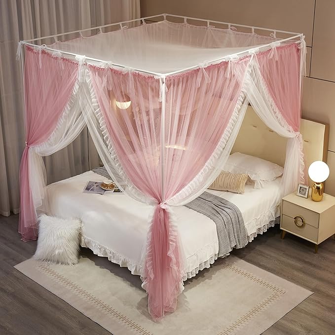 4 Corners Post Princess Curtain Bed Canopy Lace Up Double Layer 4 Opening Mosquito Net Mesh for Girls Bedroom Decoration(Pink/White, 78" W*86" L*82" H/King)