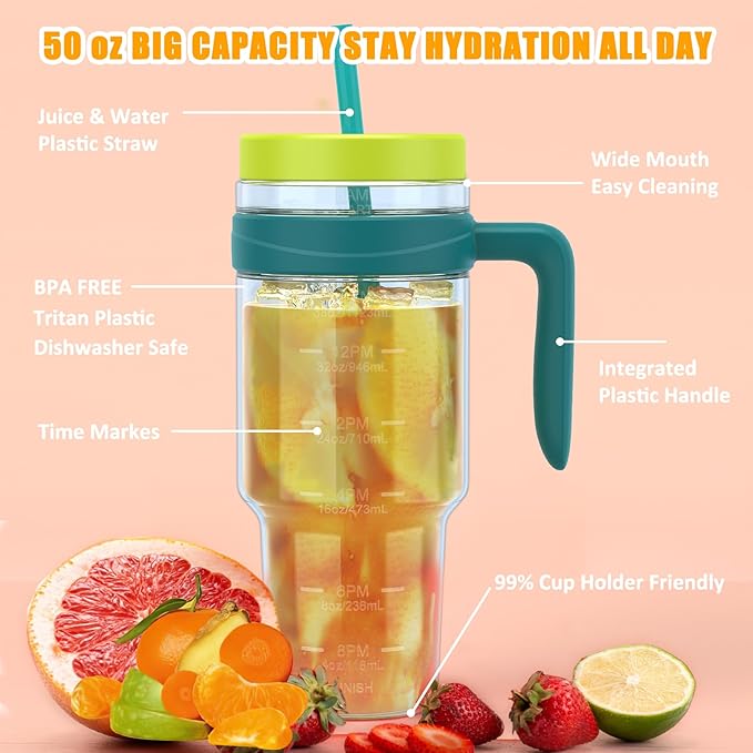 Tronco 50 oz Tritan Plastic Tumbler with Lid and Straw, BPA-Free Reusable Clear Water Bottle with Time Marker, 100% Leak Proof & Wide Mouth for Iced Coffee, Juice, Bubble Tea, Smoothies