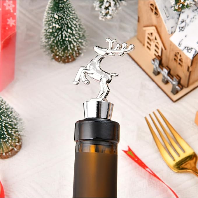 Christmas Wine Bottle Stoppers 5-Packs - Wine Saver Zinc Alloy Silicone, Reusable Leak Proof Keep Fresh Wine Corks, for Gifts, Bar, Holiday, Party, Wedding, Camping for Standard Bottle (Deer)