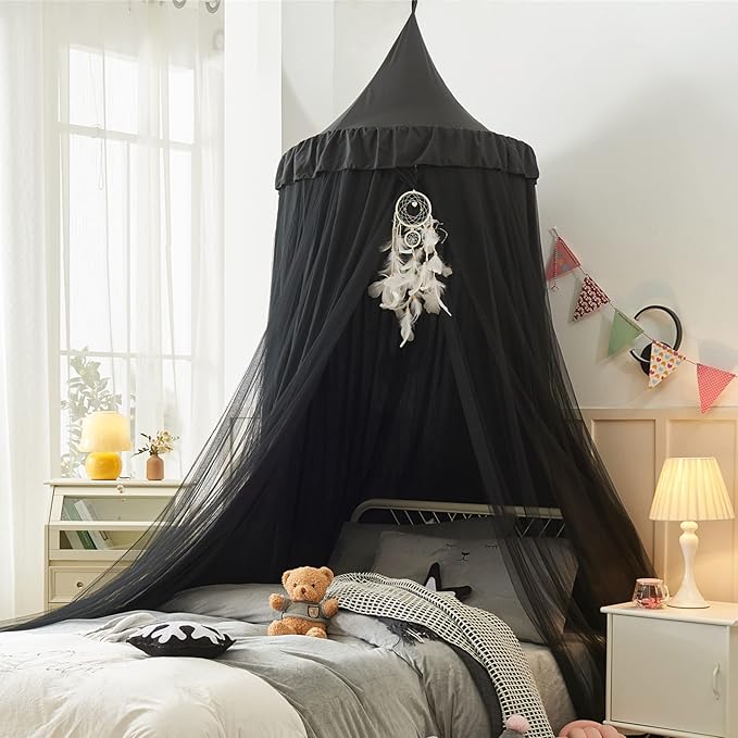 VETHIN Bed Canopy for Girls Kids,Princess Round Dome Children Dreamy Mosquito Net Bedding Girls Room Castle Play Tent Hanging House Decor Reading Nook Canopies (Black/Black)