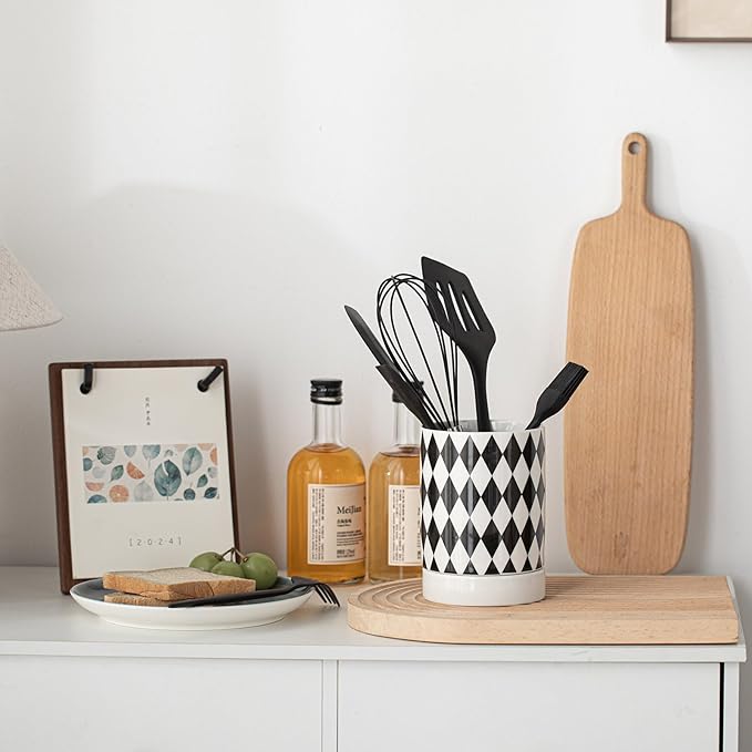 Small Utensil Holder for Kitchen Counter 4.1 x 6 Inches Ceramic Cooking Utensil Crocks Countertop Organizer Vintage Farmhouse Kitchen Decor Caddy,Diamond