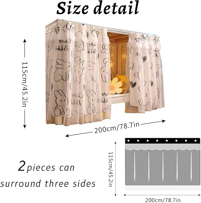 Hoce Bunk Bed Curtain Gauze Bunk Bed Curtains Drapes with Lace Privacy Dorm Bed Canopy for Bottom Twin, 2 Panels