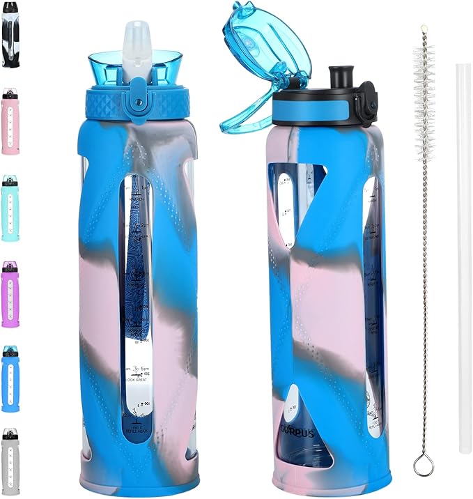 Glass Water Bottles with Straw and Flip Lid, Motivational Water Bottles with Time Marker Reminder and Silicone Sleeve, Leakproof, BPA Free (32 oz, Blue Grey & Pink)