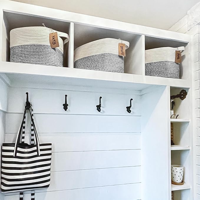 Goodpick Woven Storage Basket for Shelves, Small Laundry Basket for Cloth Towel Shoe, Empty Gift Basket with Handles, Grey and White Square Basket, 13 x 10 x 9 Inches