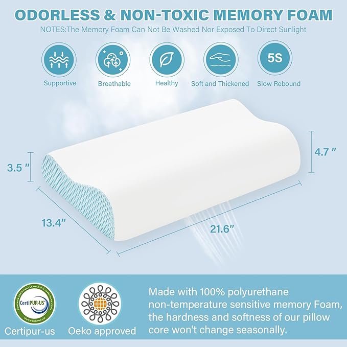 2 Pack Memory Foam Cooling Bed Pillows for Sleeping, Ergonomic Cervical Pillow for Neck and Shoulder Pain Relief, Adjustable Cold Pillow Set of 2,with Pillowcase(Blue)