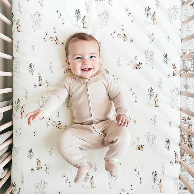 GRSSDER Stretch Ultra Soft Jersey Knit Fitted Crib Sheets Set 2 Pack,Fit All Standard Crib Mattress Pads Safe and Snug, Crib Fitted Sheet for Boys and Girls, Stylish Watercolor Rabbit Pattern