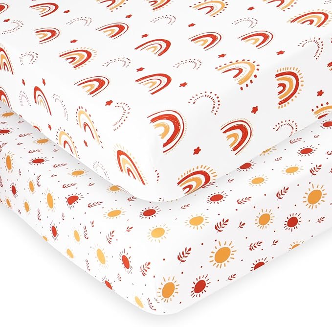 PHF Soft Crib Sheet Fitted, 2 Pack Baby Sheets for Boys Girls, 28x52x9in Fits Standard Crib and Toddler Mattresses, Silky Comfy Breathable Polyester Baby Mattress Sheets, Rainbow