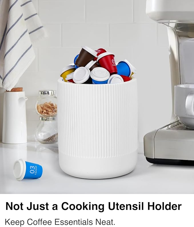 Instant Dry Stone Utensil Holder for Kitchen Counter, H7" Large Diatomite Kitchen Utensil Holder for Countertop, Cooking Utensil Crock with Water Absorbent, Farmhouse Kitchen Counter Decor,White