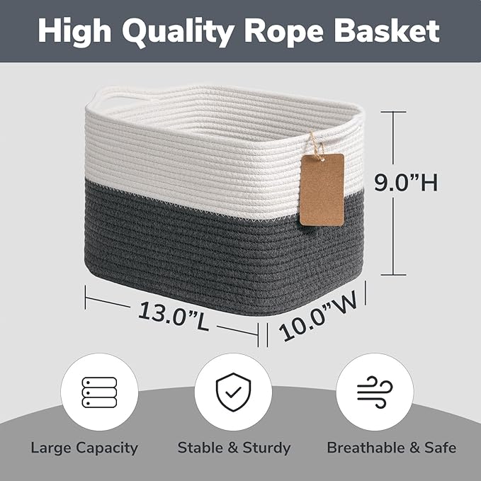 Goodpick Woven Storage Basket for Shelves, Baskets for Organizing, Cotton Rope Basket with Handles, Rectangle Basket for Baby Toy Storage, 13 x 10 x 9 Inches, White & Dark Grey